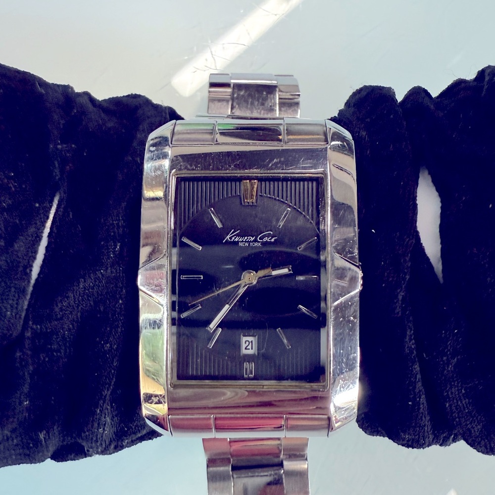 Kenneth Cole Watch rectangular case black face silver fold over closure‎ working